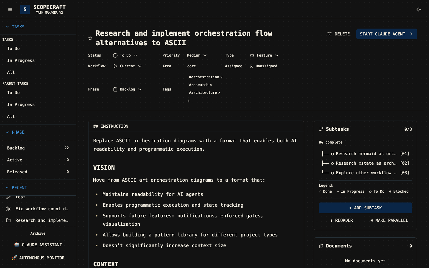 Scopecraft parent task detail view showing the rendered markdown instruction and vision on the left and a subtasks panel on the right with three sequenced subtasks, a Done/In Progress/To Do/Blocked legend, and Reorder and Make Parallel buttons