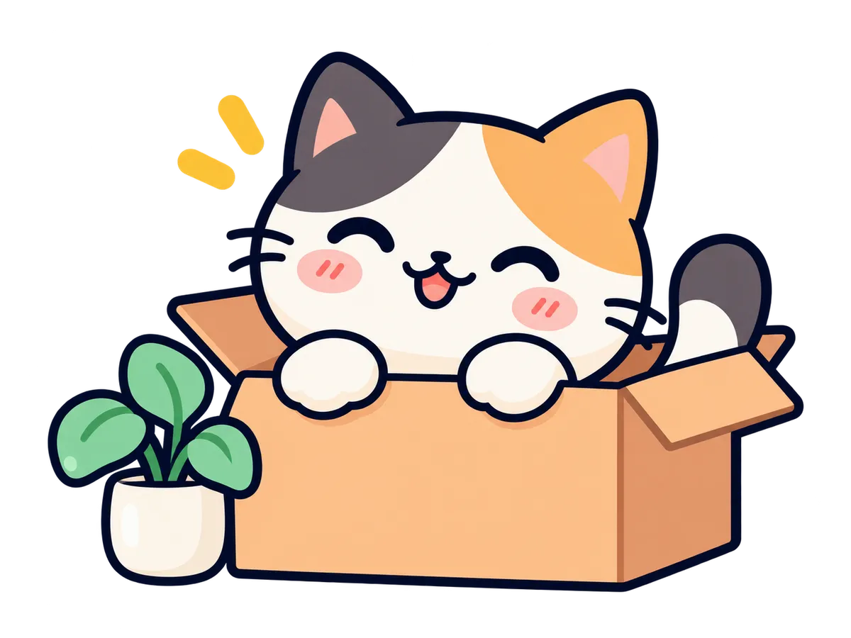 Pewpew, the calico cat mascot, peeking out of a cardboard box beside a plant